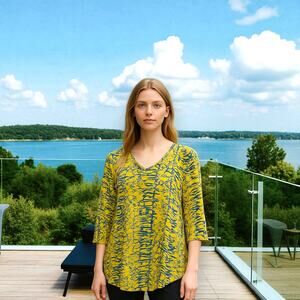 TRIBAL Blue Yellow Stretch Rayon Scoop Neck 3/4 Sleeve Pullover Top - Size S